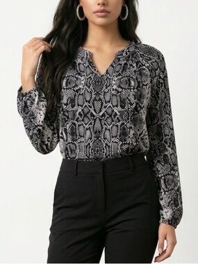 Women's Black & Gray Print V-Neck Blouse